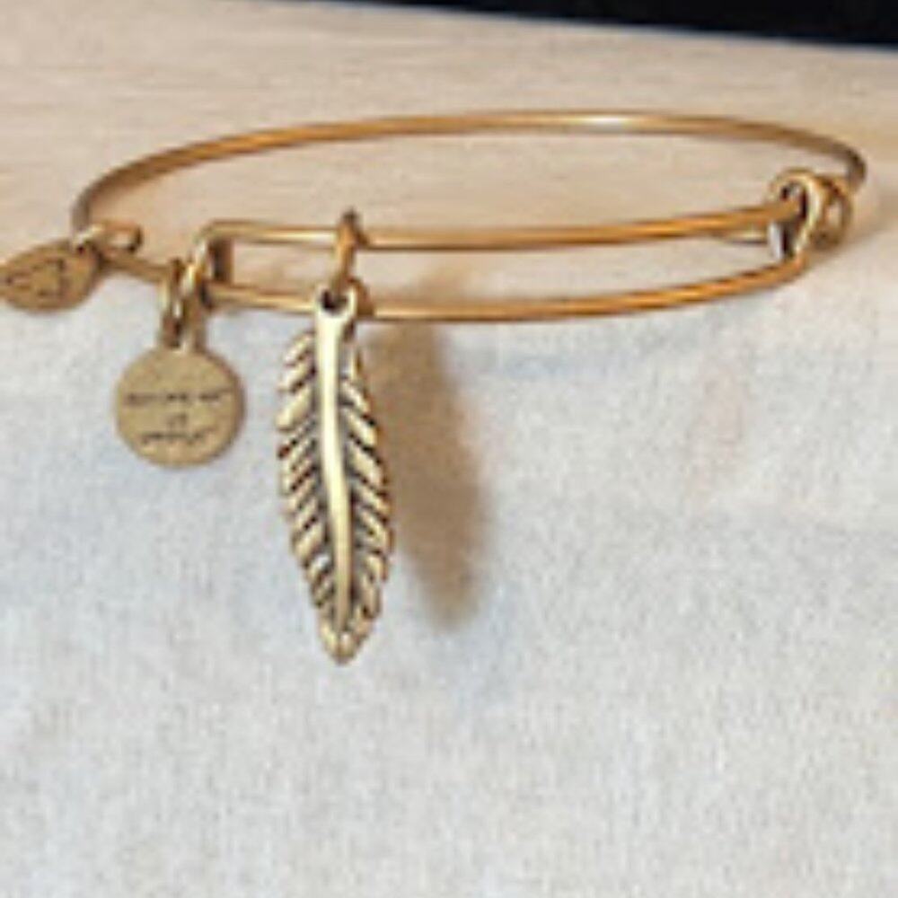 Alex and Ani Feather Charm Gold Tone Adjustable Slide Bangle Bracelet - Picture 2 of 5